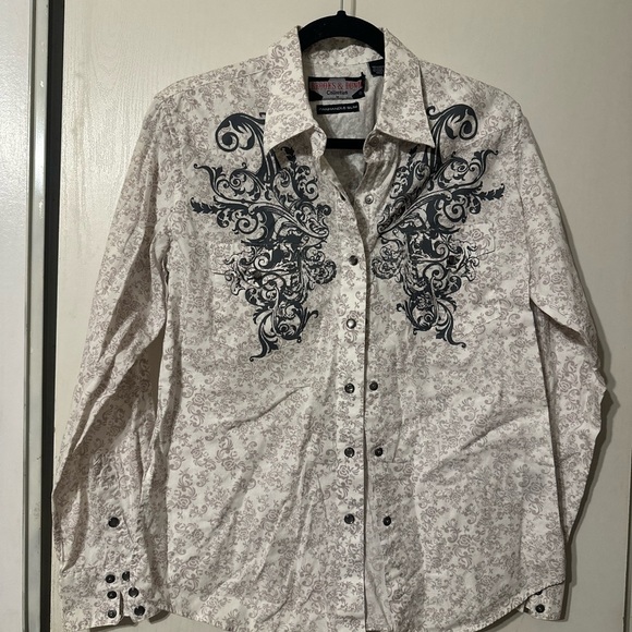 Roper Black and White Casual Button Down Shirt with Embroidery - Picture 1 of 7